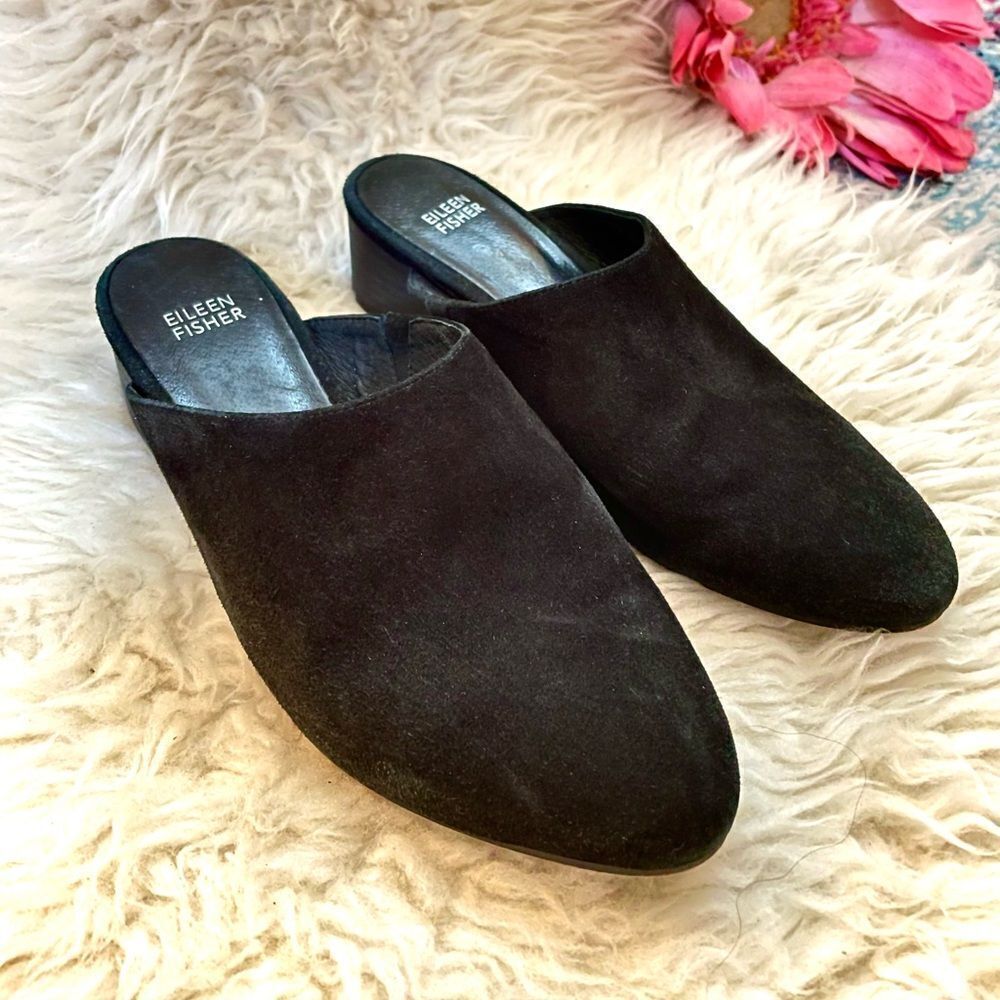 Eileen Fisher Black Suede Mules Sylvia Sz. 8